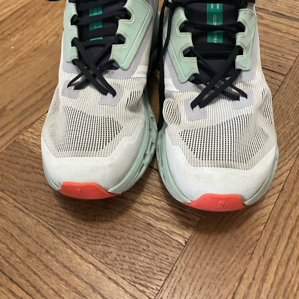 On Running Green and White with Orange Trim Cloudstratus Sneakers